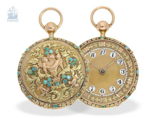 Taschenuhr: sehr seltene 3-Farben-Prunktaschenuhr mit Türkisbesatz und Schlagwerk auf Glocke, Robert à Geneve, ca. 1800 - Foto 1