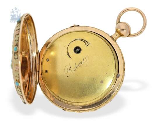 Taschenuhr: sehr seltene 3-Farben-Prunktaschenuhr mit Türkisbesatz und Schlagwerk auf Glocke, Robert à Geneve, ca. 1800 - Foto 2
