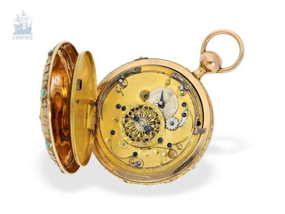 Taschenuhr: sehr seltene 3-Farben-Prunktaschenuhr mit Türkisbesatz und Schlagwerk auf Glocke, Robert à Geneve, ca. 1800 - photo 4