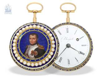 Taschenuhr: einzigartige und sehr kostbare Gold/Emaille-Spindeluhr mit Napoleon-Portrait, vermutlich Präsentuhr Napoleons um 1800/1810