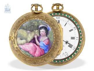 Taschenuhr/Karossenuhr: museale, außergewöhnlich große Emailleuhr mit Perlenbesatz, gefertigt für den chinesischen Markt, Uhrmacher des Kaisers von China Qianlong, Timothy Williamson London, um 1780