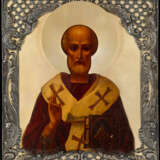 ST NICHOLAS IN A SILVER OKLAD. CIRCA 1900, OIL ON PANEL, OKLAD STAMPED WITH MAKER'S MARK EU IN CYRILLIC, MOSCOW, 84 STANDARD - photo 1