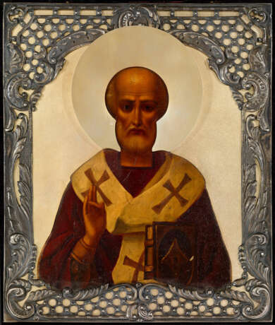 ST NICHOLAS IN A SILVER OKLAD. CIRCA 1900, OIL ON PANEL, OKLAD STAMPED WITH MAKER'S MARK EU IN CYRILLIC, MOSCOW, 84 STANDARD - photo 1