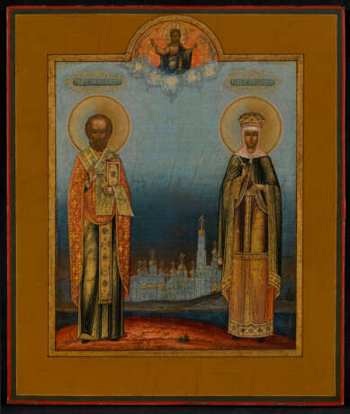 ST NICHOLAS THE MIRACLE WORKER AND THE HOLY MARTYR ALEXANDRA. MSTERA, SIGNED BY ALEXANDER TSEPKOV IN CYRILLIC AND DATED 1900 - фото 1