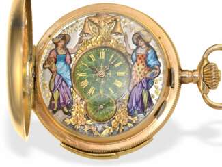 Taschenuhr: hochfeine Goldsavonnette mit Repetition und Automat "Jacquemart", vermutlich George Reymond, Vallée de Joux, um 1890