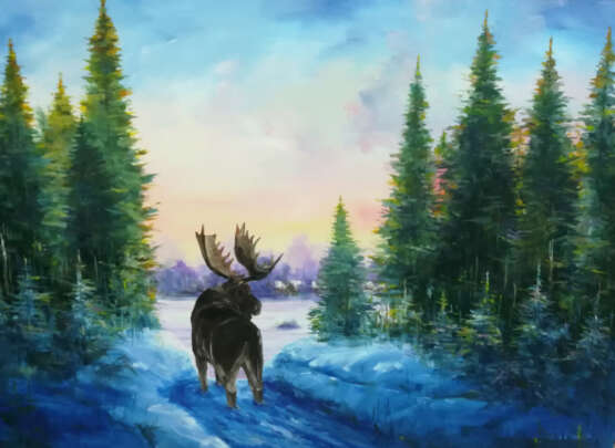 Painting “Elk in the winter forest”, Fiberboard, Oil, Realist, Landscape painting, Russia, 2020 - photo 1