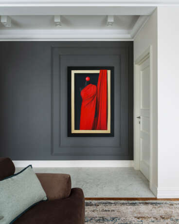 Gemälde „Nur roter Stoff auf einer schwarzen Schaufensterpuppe“, Leinwand auf dem Hilfsrahmen, Acrylfarbe, Hyperrealismus, Stillleben, Ukraine, 2021 - Foto 4