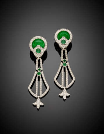 White gold diamond pendant earrings accented with green hyaline quartz cabochon composite stones - Foto 1