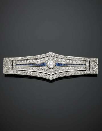 Diamond and sapphire platinum lozenge brooch - Foto 1