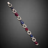 White gold diamond bracelet with carved ruby and sapphire spacers - фото 1
