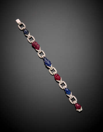 White gold diamond bracelet with carved ruby and sapphire spacers - photo 1