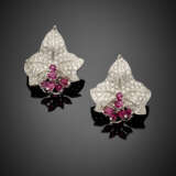 Diamond and ruby white gold leaf earrings - фото 1