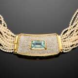 Multi strand cultured pearl necklace with a yellow gold diamond and ct. 22 circa aquamarine clasp - photo 1