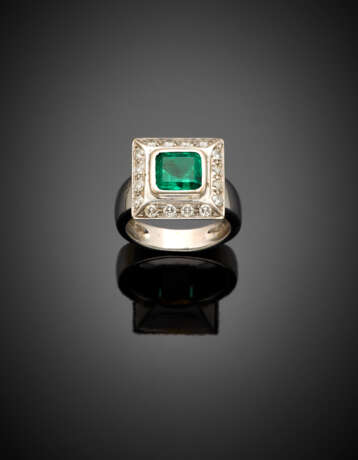 Octagonal emerald and diamond white gold ring - photo 1
