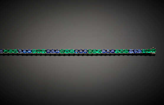 Step cut emerald and sapphire white gold tennis bracelet - фото 2