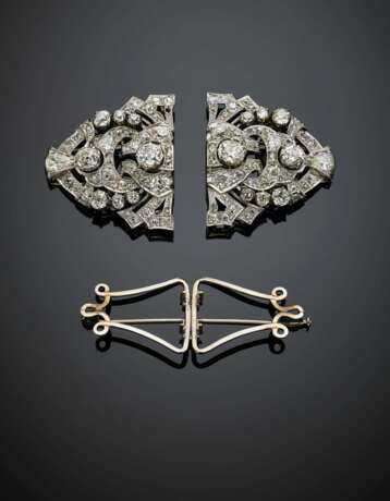 Old mine diamond platinum and gold double clip brooch - Foto 2