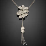 Four strand white gold chain necklace with a diamond pavé flower central holding a chain tassel with diamond leaves - фото 1