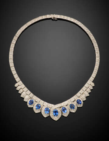 White gold diamond pavé modular necklace with seven graduated sapphires - фото 2