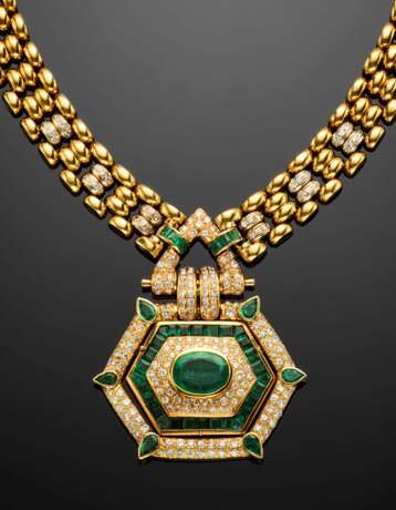 Yellow gold modular necklace with a diamond and emerald geometric central - photo 1