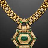 Yellow gold modular necklace with a diamond and emerald geometric central - фото 1