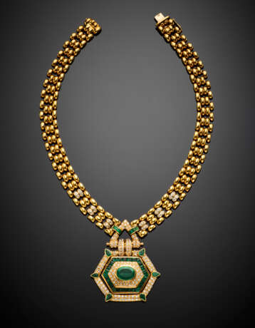 Yellow gold modular necklace with a diamond and emerald geometric central - photo 2