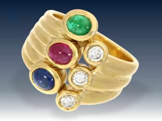 Ring: ausgefallener, ehemals sehr teurer Goldschmiedering mit feinen Brillanten und hochwertigen Farbsteinen, teurer Markenschmuck