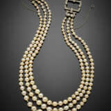 Three strand natural pearl necklace with a diamond platinum clasp - photo 1