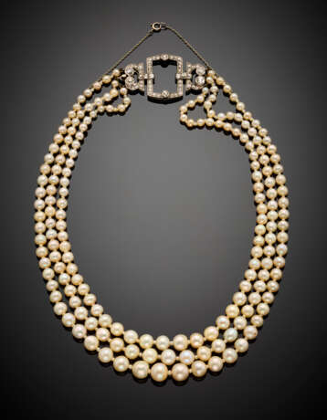 Three strand natural pearl necklace with a diamond platinum clasp - photo 2