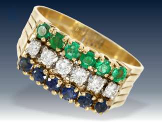 Ring: ausgefallener Goldschmiedering mit Saphir-/Smaragd-/Brillantbesatz