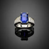 Octagonal step cut ct. 6.26 sapphire with graduated baguette diamond shoulders white gold ring - photo 1