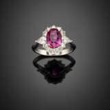 Oval ct. 2.75 ruby with pear and round diamond white gold cluster ring - photo 1