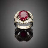 Cushion shape ct. 5.49 ruby and baguette diamond platinum ring - photo 1