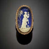 Bone miniature on blue guilloché enamel silver ring - фото 1