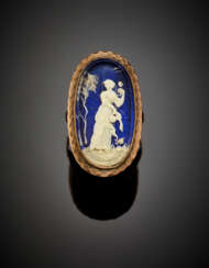 Bone miniature on blue guilloché enamel silver ring