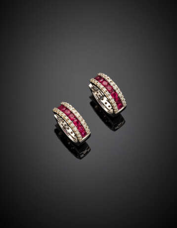 White gold diamond and ruby hoop earrings - фото 1