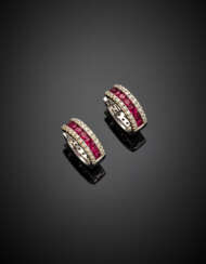 White gold diamond and ruby hoop earrings