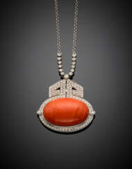White gold chain orange coral and diamond central pendant