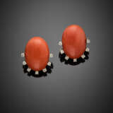 Oval orange coral and diamond white gold earrings - фото 1