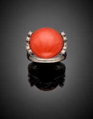 Orange mm 18.30 circa button coral and diamond white gold cluster ring