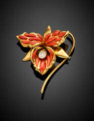 Yellow gold diamond and coral flower brooch