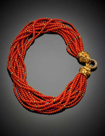 Twelve strand orange coral bead necklace with yellow gold bead spacers and diamond lion head central - фото 1