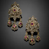 Rose cut diamond and ruby silver and gold pendant earclips - photo 1