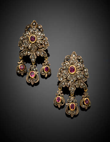 Rose cut diamond and ruby silver and gold pendant earclips - фото 1