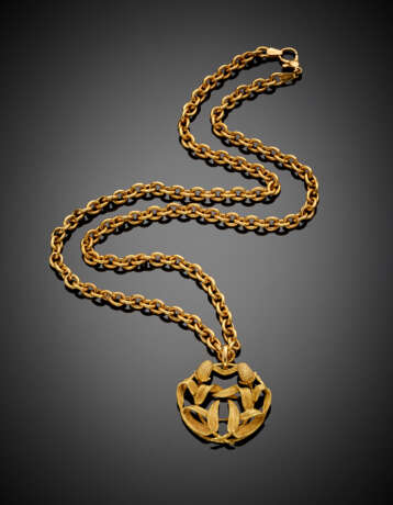 Long yellow gold chain round sabled leaf and corn cob pendant - Foto 1