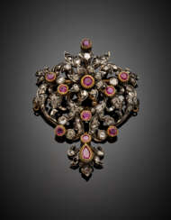 Ruby and irregular rose cut diamond silver and 9K gold brooch with pendant