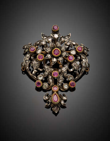Ruby and irregular rose cut diamond silver and 9K gold brooch with pendant - фото 1