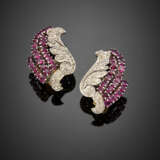 Ruby and diamond yellow gold and white silver gilt wing earrings - фото 1