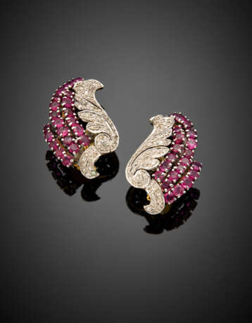 Ruby and diamond yellow gold and white silver gilt wing earrings - photo 1
