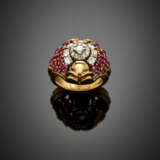 Diamond and synthetic ruby pink gold dome ring - фото 1