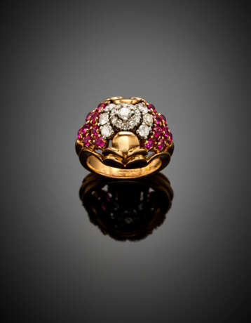 Diamond and synthetic ruby pink gold dome ring - photo 1